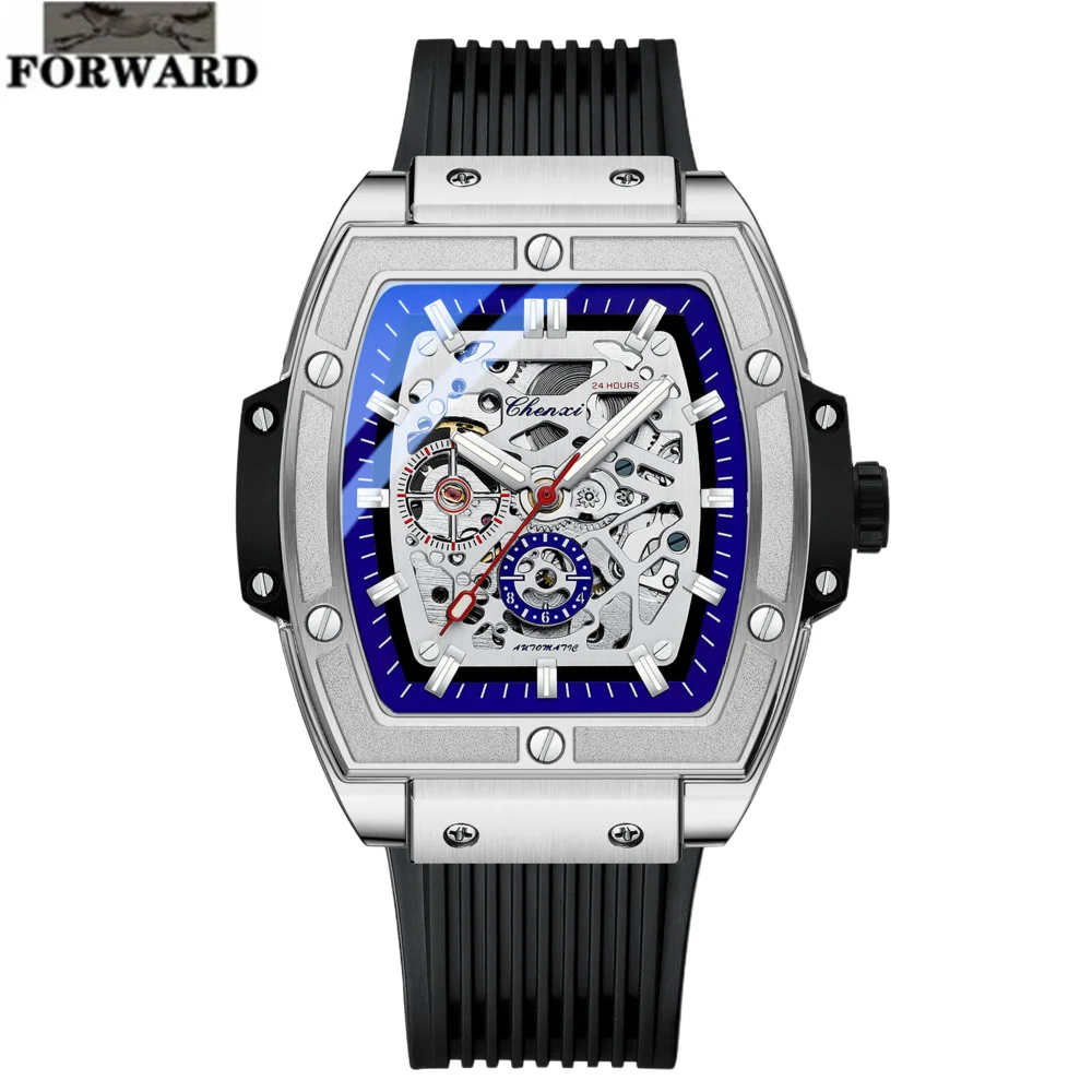 FORWARD Barrel-shaped automatic mechanical hollow luminous luxury watch men  Silicone tape waterproof press buckle mens watch