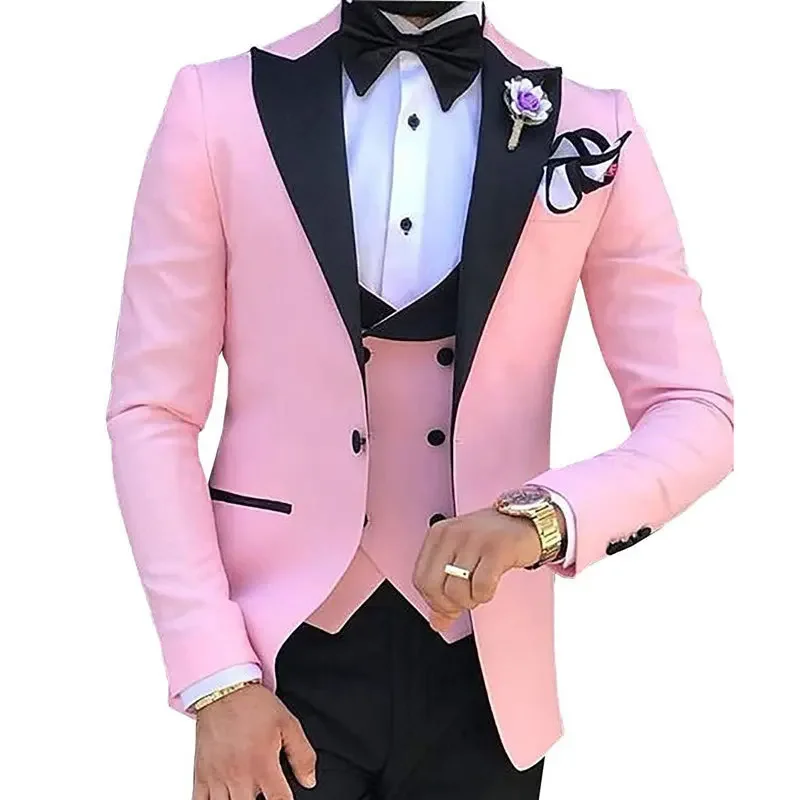 

High Quality Wedding Men's Suit Pink 3 Piece Slim Fit Blazer Set Prom Tuxedos Grooms Jacket Vest Black Pants Homme Stylé Custom