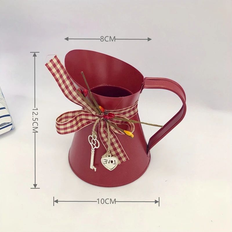 Flower Vase Bucket Bow Heart Pendant Can Farmhouse Rustic Jug For Centerpiecess Country Iron Pitcher Planter Jug-A Easy To Use 6