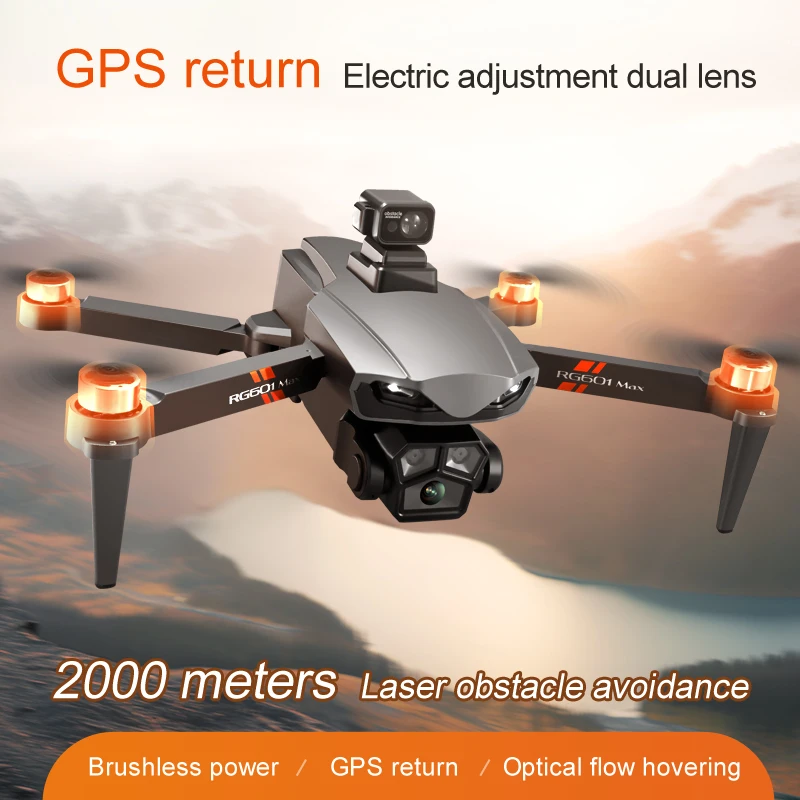 Vue rapprochée du drone RG601MAX 8K GPS pliable double caméra WIFI montrant ses capteurs et caméras.