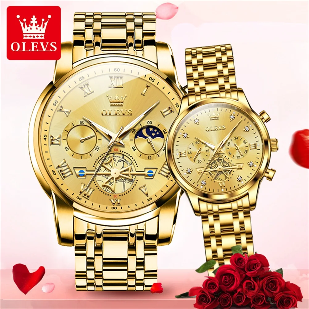 OLEVS Brand Luxury Gold Quartz Watch Lovers Stainless Steel Waterproof Luminous Fashion Chronograph Couple Watch Men and Women