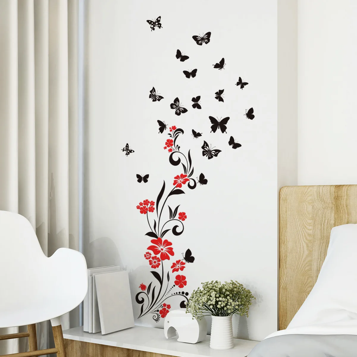 Autocollants muraux en PVC, motif papillon noir, fleur rouge