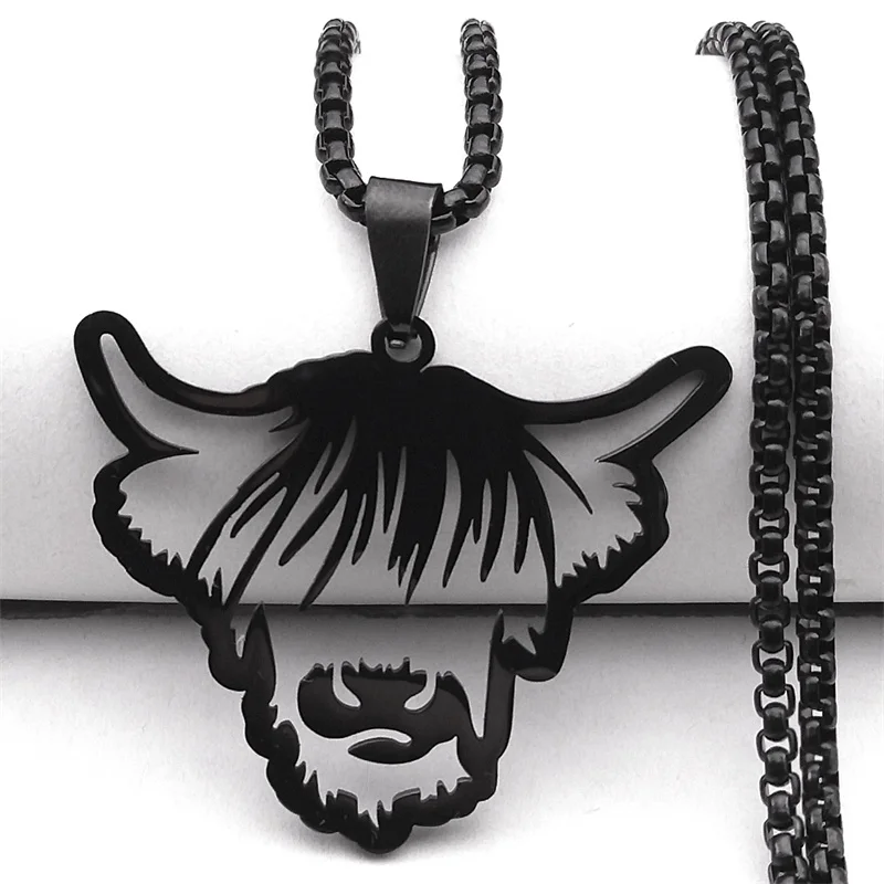 Hip Hop Punk Tier Kuh Rinder Kopf Halskette für Frauen Männer Edelstahl Schwarz Farbe Bull Kalb Kette Schmuck collier NZZZ511S6 – Detail 4