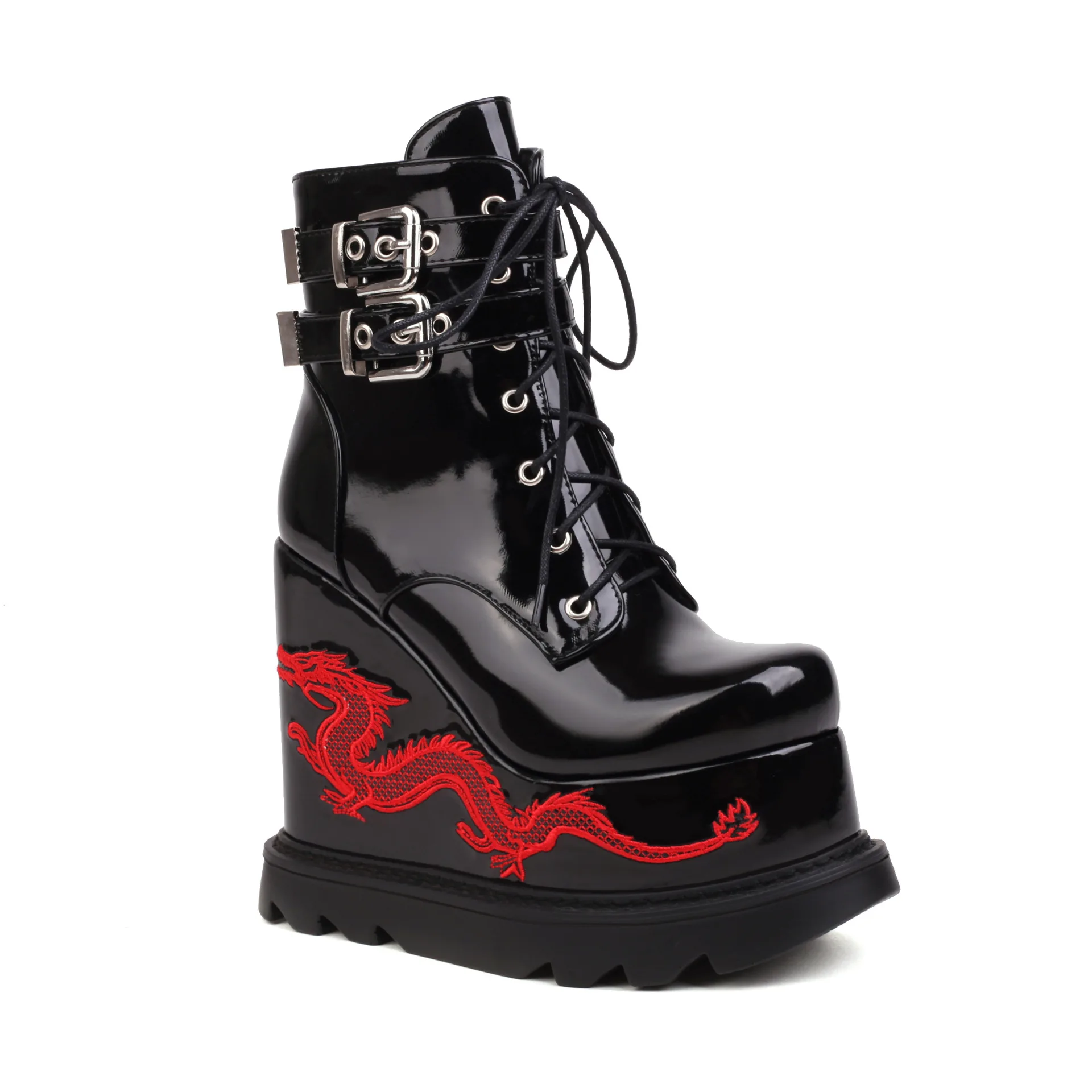 

New Punk Style Genuine Leather Embroidered Dragon Totem Short Sleeved Women'S Boots With Thick Soles And Elevated Sizes 36&43