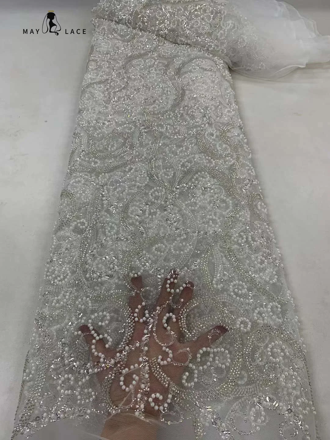

Latest Beautiful African Nigerian Beaded Lace Fabric High Quality Embroidery French Sequins Tulle Lace For Wedding Party Dress