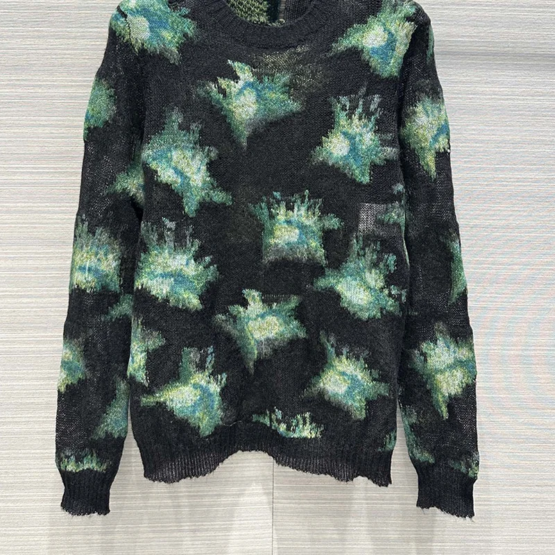 

High Quality Mohair Knitted Pullovers Women O Collar Embroidery Long Sleeve Loose Knitwear 23 Runway New 2Colors Weave Clothes