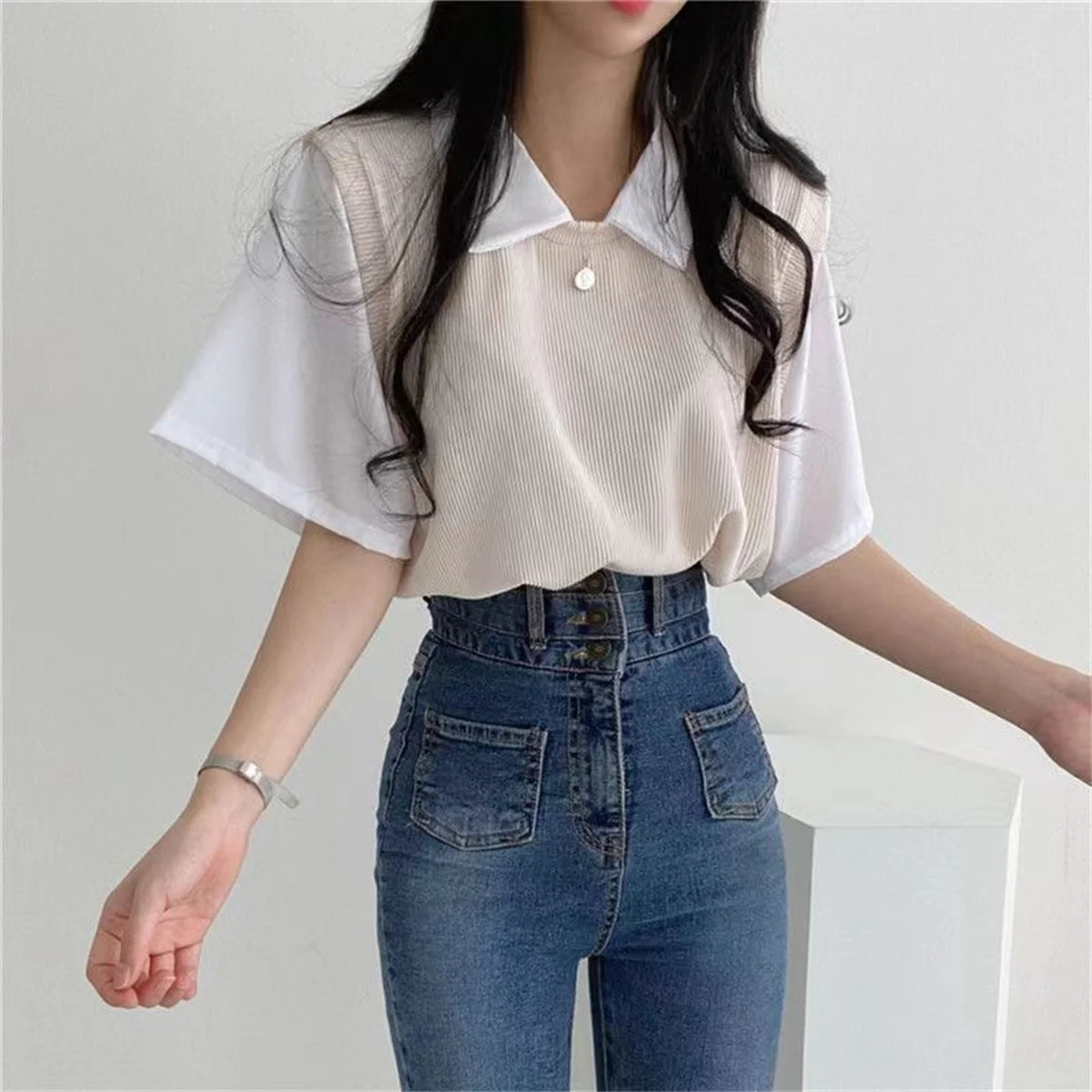 여성용 컬러 블로킹 폴로 칼라 상의, 페이크 투피스 반팔 티셔츠, 레이지 루즈 캐주얼 다목적 블라우스, 아카데미 스타일, 여름