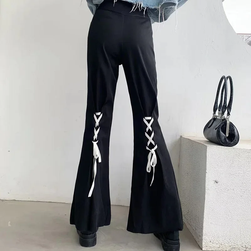 Spring Summer 2021 Woman Pants Streetwear Black Y2k Flare Pants High Waist Split Lace Up Bandage Trousers Outfits for Women