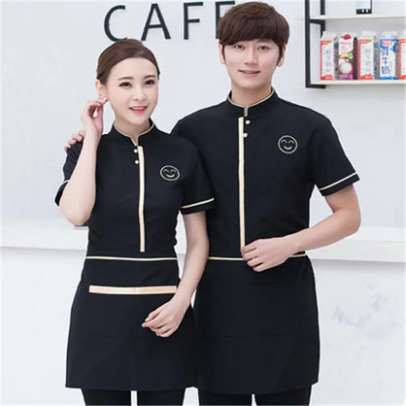 

Free Shipping Cafe Shop Work Clothing 2019 Summer New Short Sleeve Waiter Uniforms+Apron Set Smile Face Waitress Cheap Shirt