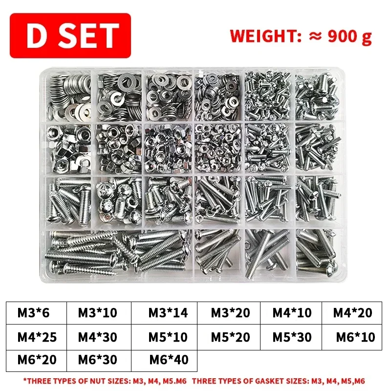 M3 M4 M5 M6 Bolt Nut Box Cross Round Head Phillips Screw Nut Gasket Machine Wire Nail Bolt Screw Steel Self Tapping Set