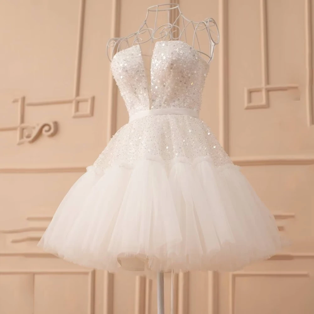 

Sexy Short Wedding Dresses for Woman Sweetheart Neck Mini Tulle Bridal Growns Sequin Pearls Above Knee A-line Vestidos De Novia