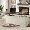 47.3'' White Farmhouse Center Table with Sliding Ironmesh Doors, Rustic Brown Top Rectangular Coffee Table for Living Room 4