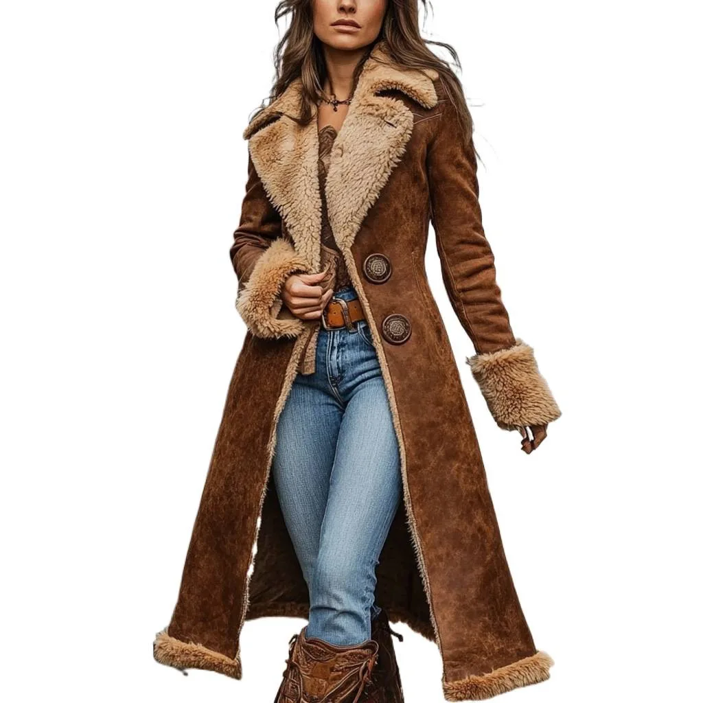 معطف نسائي جلد غزال مبطن بالصوف بطراز رعاة البقر ا...
