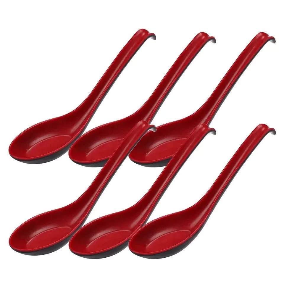 6Pcs Spoon Set Red Black Traditional Chinese Noodle Soup Spoon Long Handle Plastic Tableware Kitchen Dinner Stirring Cutlery soup spoon plastic spoon