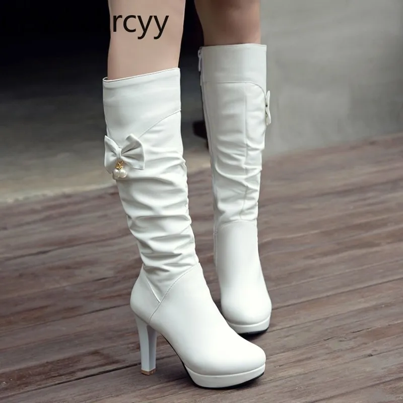 

winter The New fashion Round head Thick bottom Thick heel Women's boots white sweet Bow Keep warm High heel Women boots 34-43