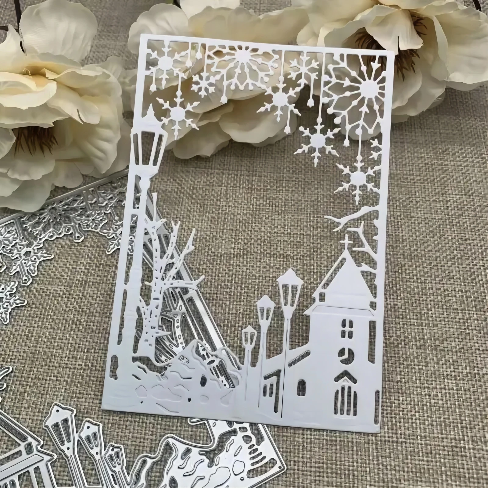 Snowflake Street View Border Envelope Greeting Card Photo Frame Decor Cutting Die, Carbon Steel Metal Embossing Paper Craft Scra