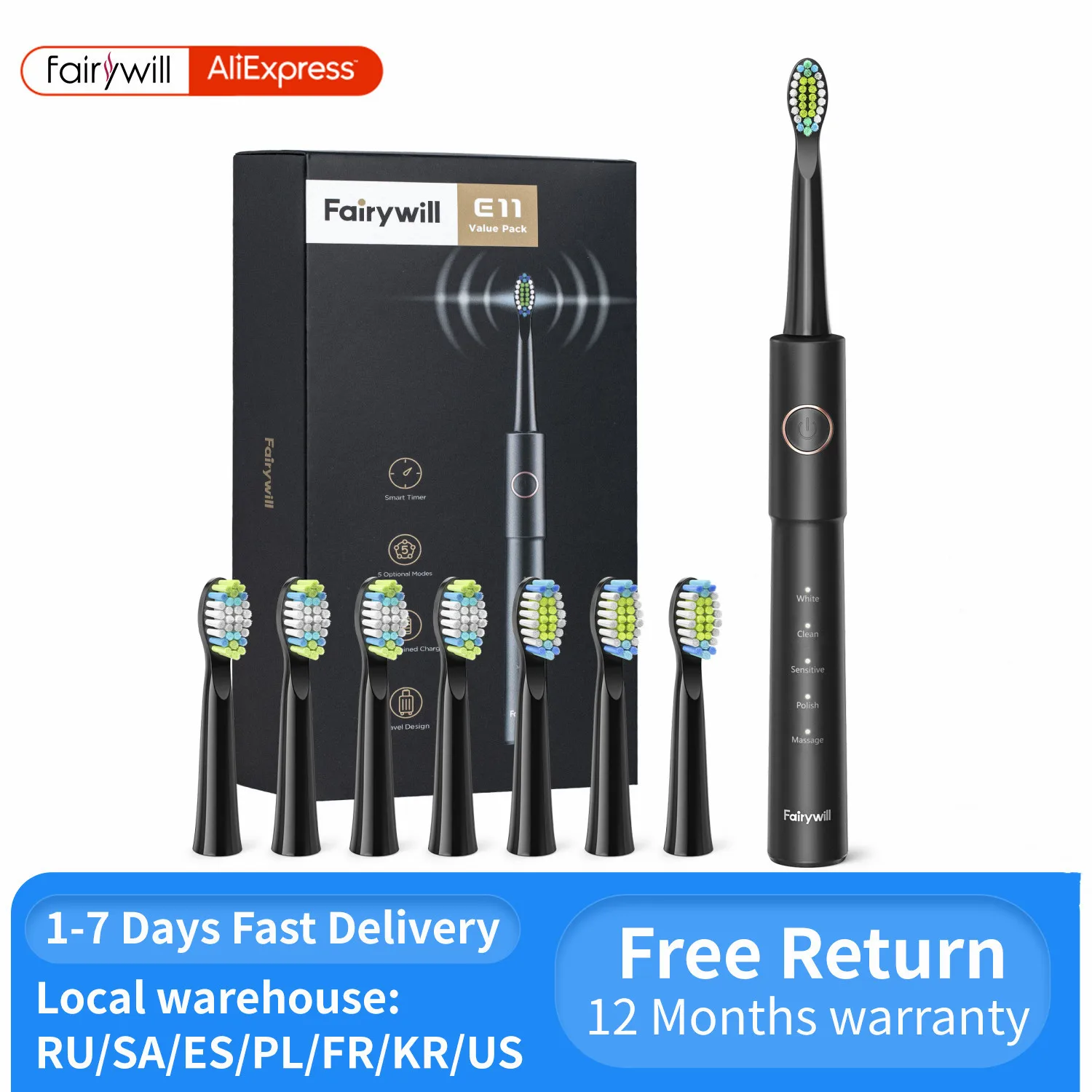 Fairywill Sonic Electric Toothbrush E11 Waterproof USB Charge
