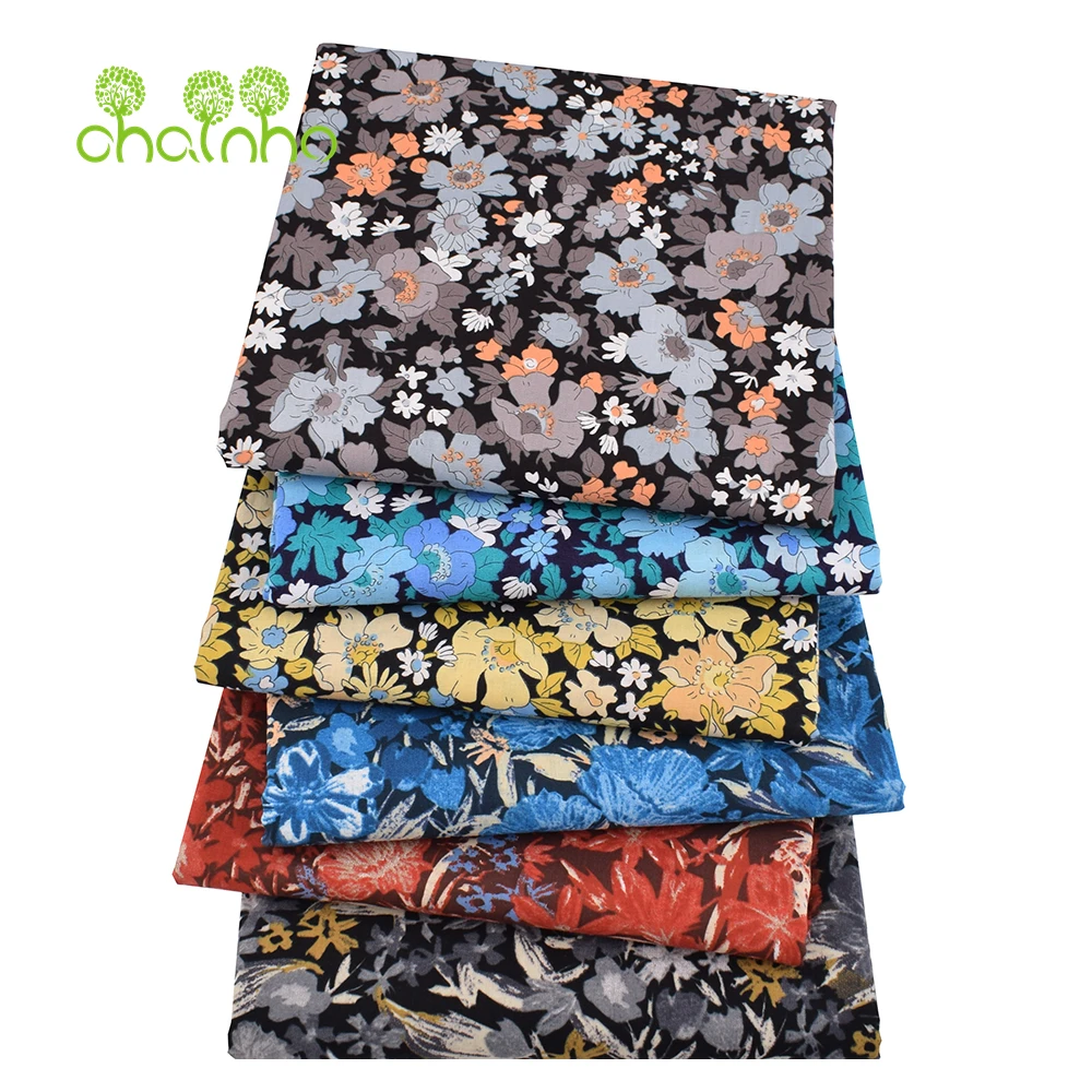 Chainho,Printed Plain Weave Poplin Cotton Fabric,DIY Quilting Sewing Material,Patchwork Cloth,Floral Series,2 Sizes,15PC212