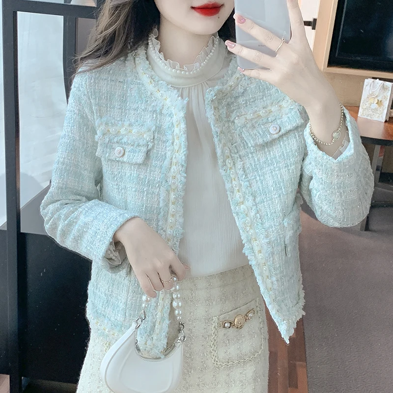 

New Fashion Korean Chic Vintage Tweed Woolen Jacket Coat 2022Women Clothing Autumn Top cardigan Plaid Tassel Office Lady Outwear