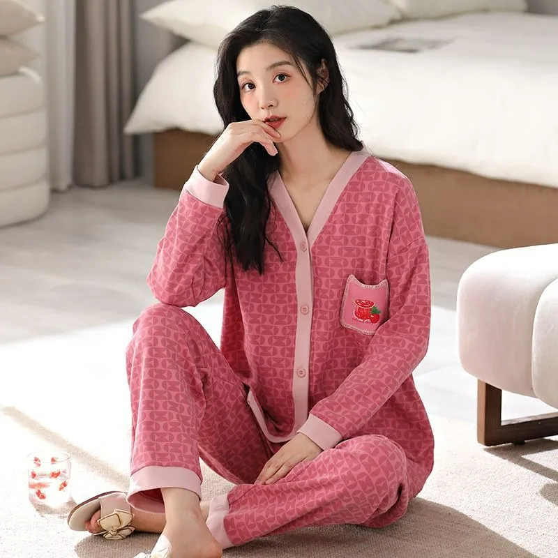 Women Pajamas 2024 Spring Autumn New Pure Cotton Long Sleeve Large Size V-neck Female Homewear Suit Casual Loose Sleepwear Set spring couple pajamas women pure cotton long sleeve trousers sweet leisure sleepwear set men simplicity loose homewear suit 2024