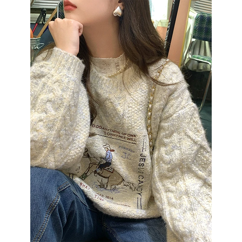 

120-126cm Bust Autumn Spring Original Design Women Handknit Vintage Inspired Handmade Wool Pullover Sweaters Jumpers