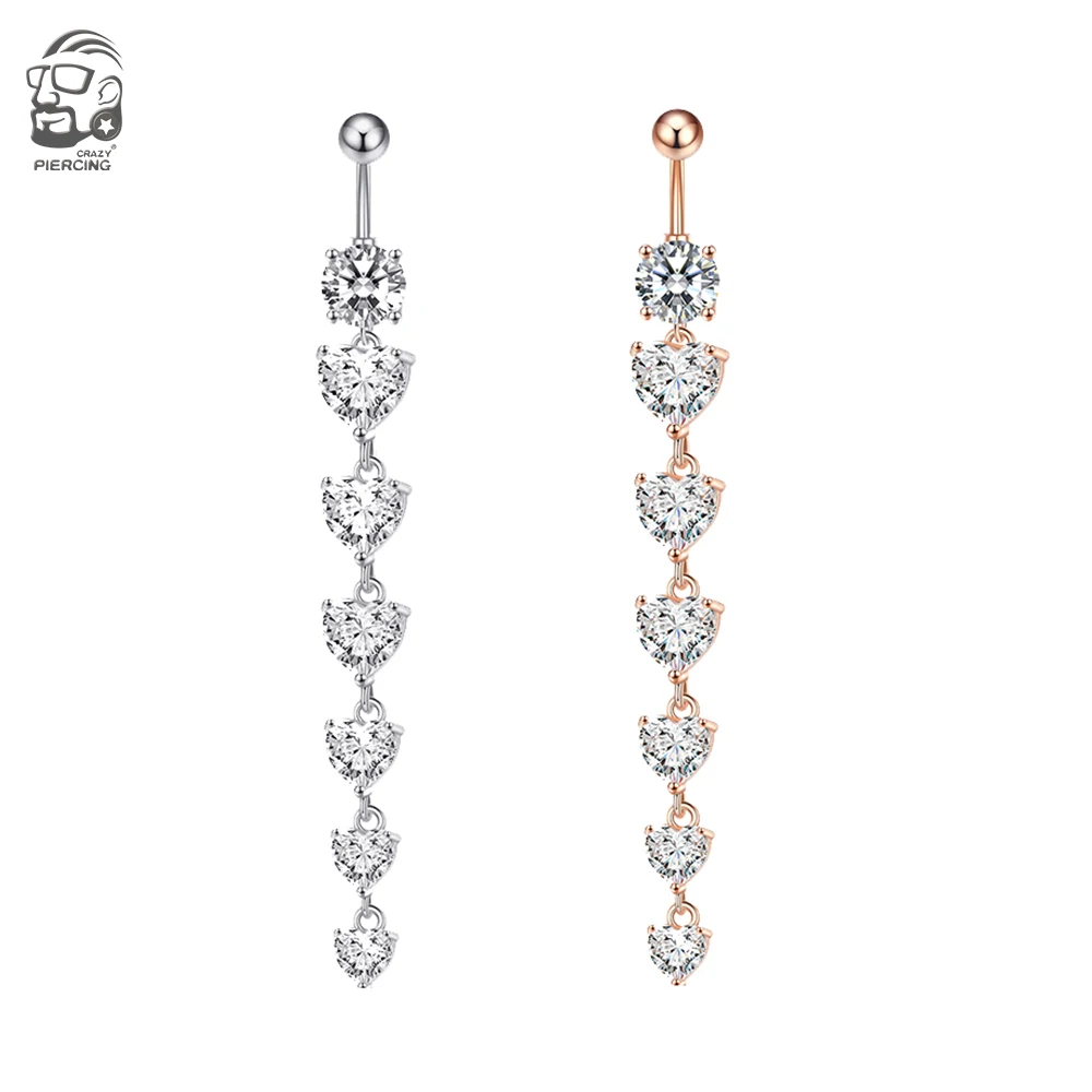 Piercing Jewelry Belly Button Piercings Body Jewelry 7 Heart Crystals Long Dangled Belly Button Rings Surgical Steel 14g Cuved Bar
