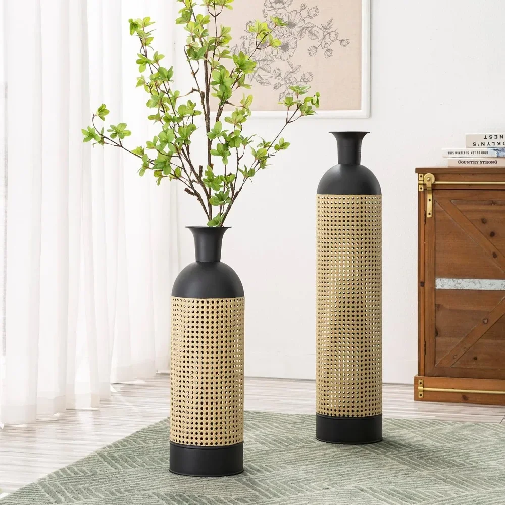 

Set of 2 Floor Metal Vase for Decor Hollow Out Tall Flower Vase for Faux Flower Arrangement Large Elegant Glazed Metal Vase Room