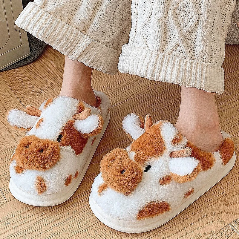 Furry Cartoon Cow Home Slippers Women Winter Indoor Thick Bottom Women's Cotton Slippers Closed Toe Cute Plush Slides Mujer