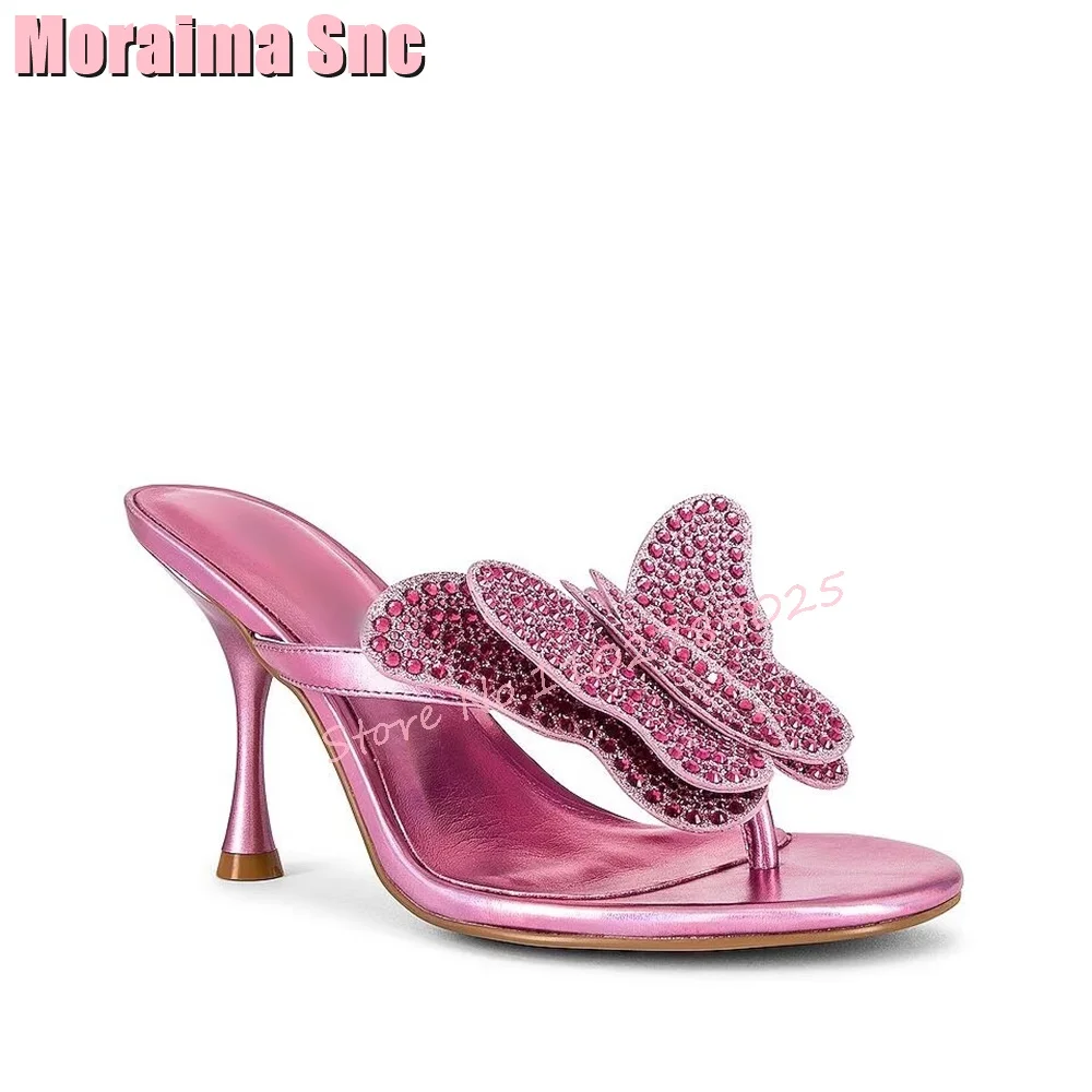 Bling Butterfly Crystal Clip Toe Slippers Pink Solid Stiletto High Heels Women Shoes Summer Slides Sexy Casual Outside Fashion