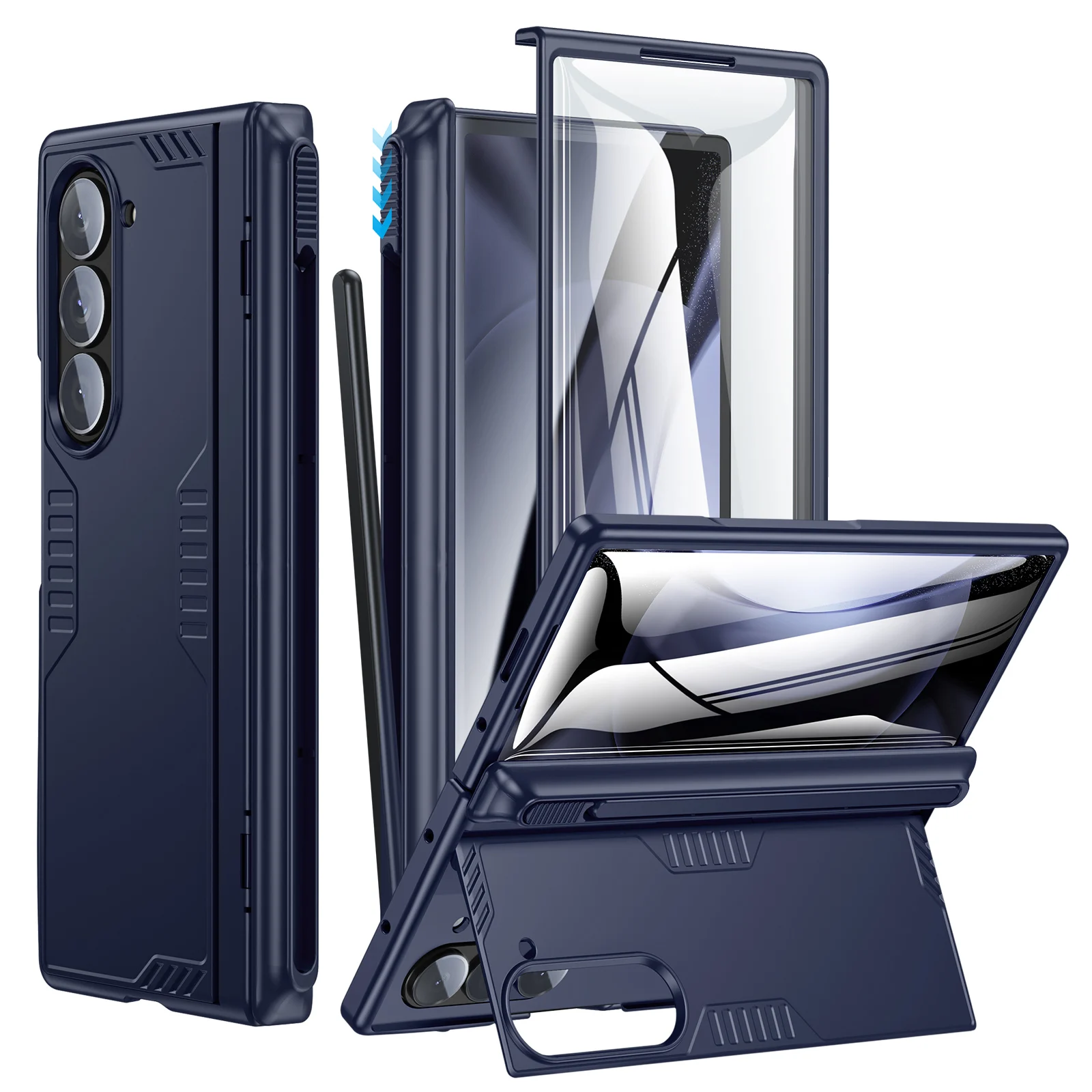 ‌Heavy-Duty Shockproof Phone Case with S Pen Holder & Screen Protector, Full-Body Hinge Protection Cover