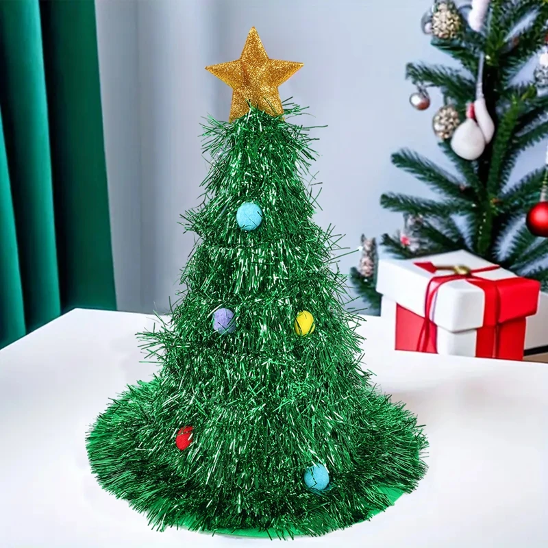 Christmas Tree Hats Fabric Rain Silk Hat for Adults Kids Funny Santa Hat with Tinsel Xmas Holiday Party Costume New Year Decor