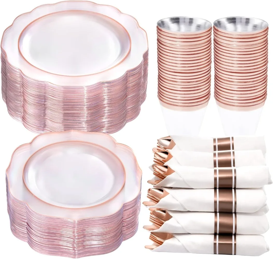 NOCCUR 350pcs Rose Gold Plates-Disposable Pre Rolled Napkin and Rose Gold Plastic Silverware-Clear Rim Plastic
