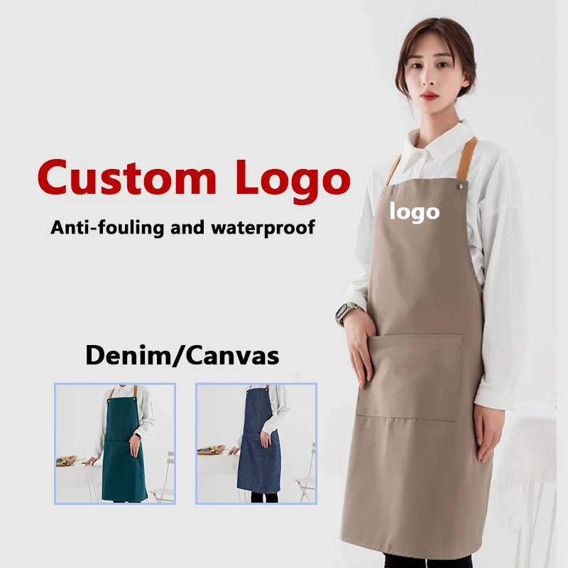 Custom Logo Printing Thickened Denim Canvas Apron Custom Waterproof Home Kitchen Work Haircut Thickening Home Apron Kitchen