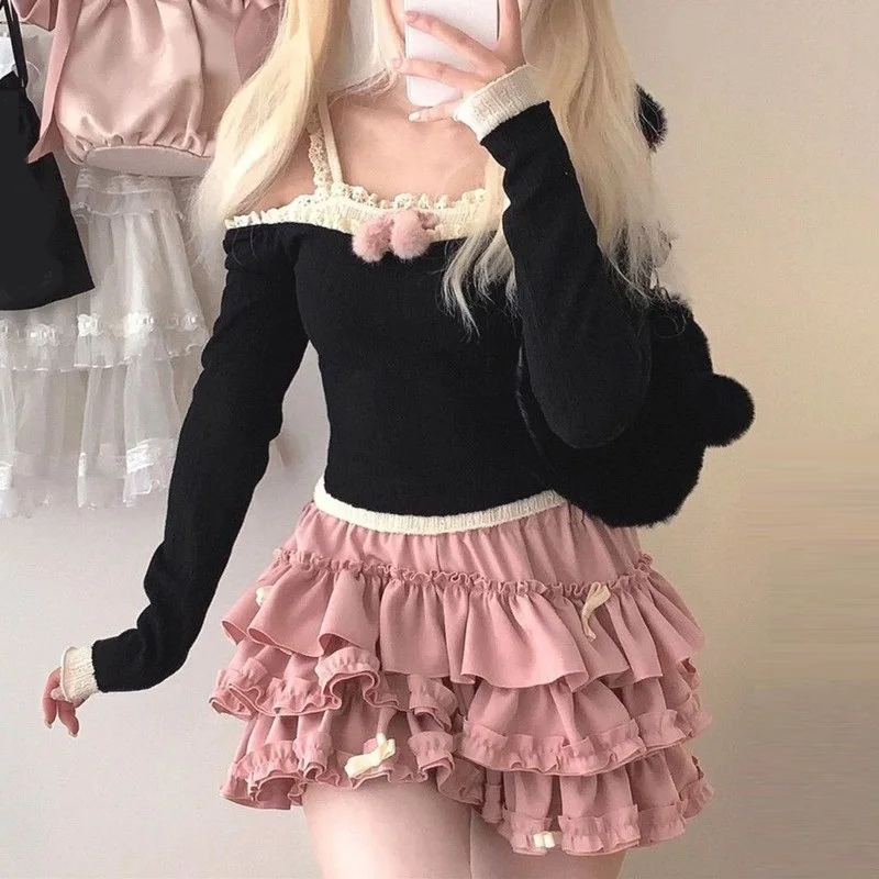Women Short Skirt Female Elastic Waist Tutu Skirts Ruffled A-line Mini Pleated Cake Skirt 4