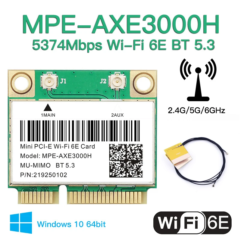 트라이 밴드 5374Mbps AX210 미니 pcie Wifi 6E 무선 네트워크 카드 AXE3000H BT5.3 안테나 2.4G/5G/6..