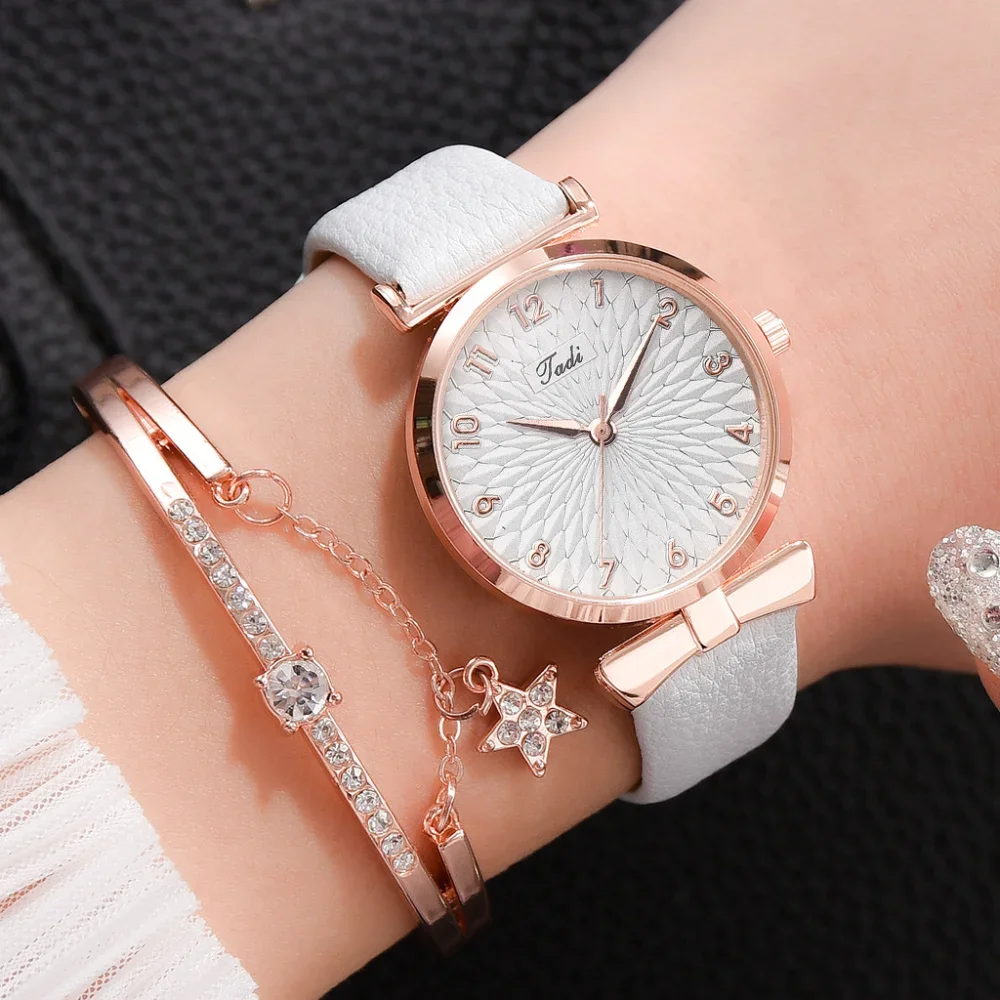 

Fashion Women Watches Luxury Leather Flower Rhinestone Watch for Women Ladies Quartz Wrist Watch with Bracelet Set Reloj Mujer