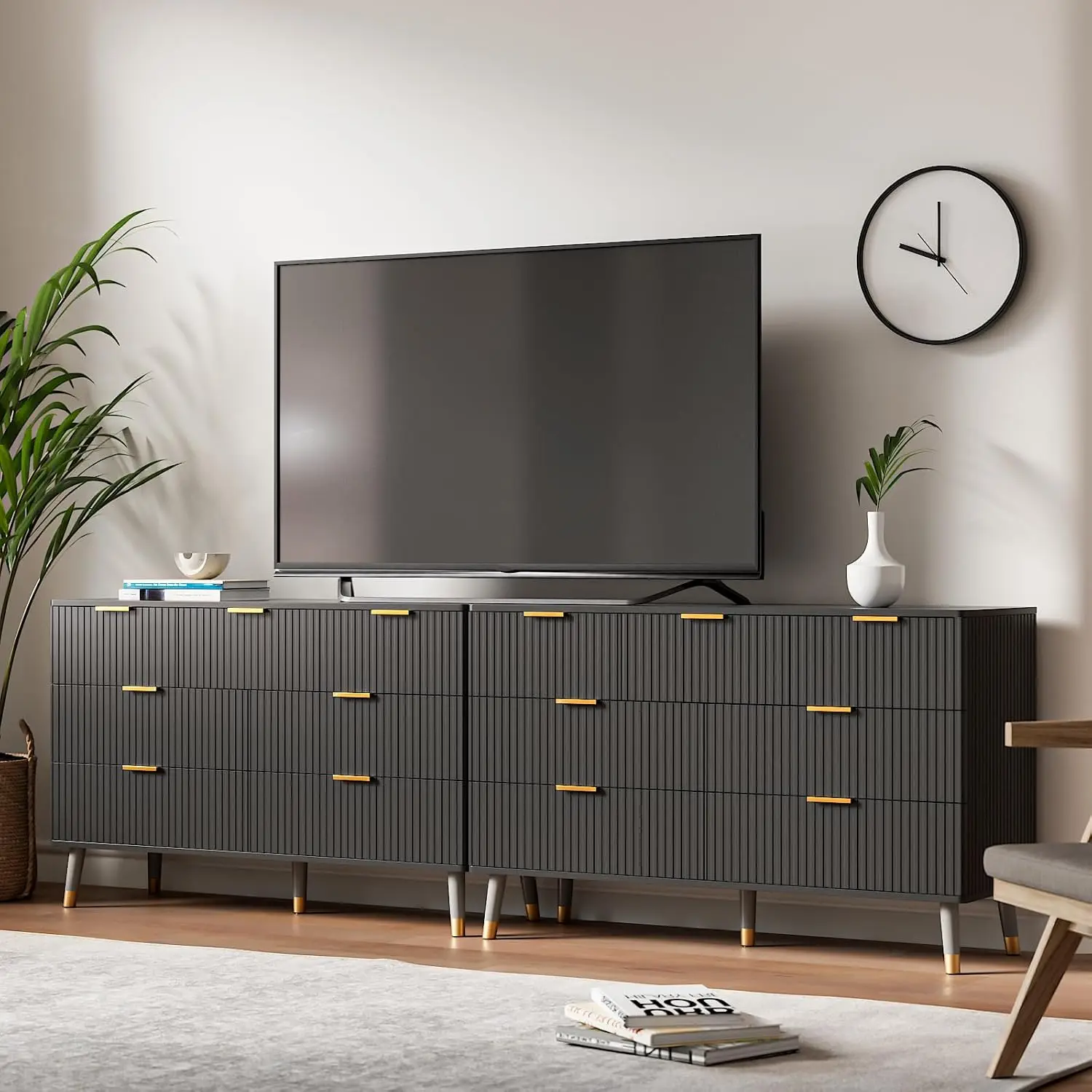 

Black Dresser for Bedroom Set of 2,14 Drawers Fluted Black and Gold Dresser w/Curved Profile Design, Modern Bedroom Dresser Wood