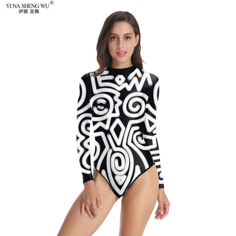 

New Jazz Dance Performance Costume One-piece Suit Black and White Retro Abstract Pattern Slim Adult Women's One-piece Top