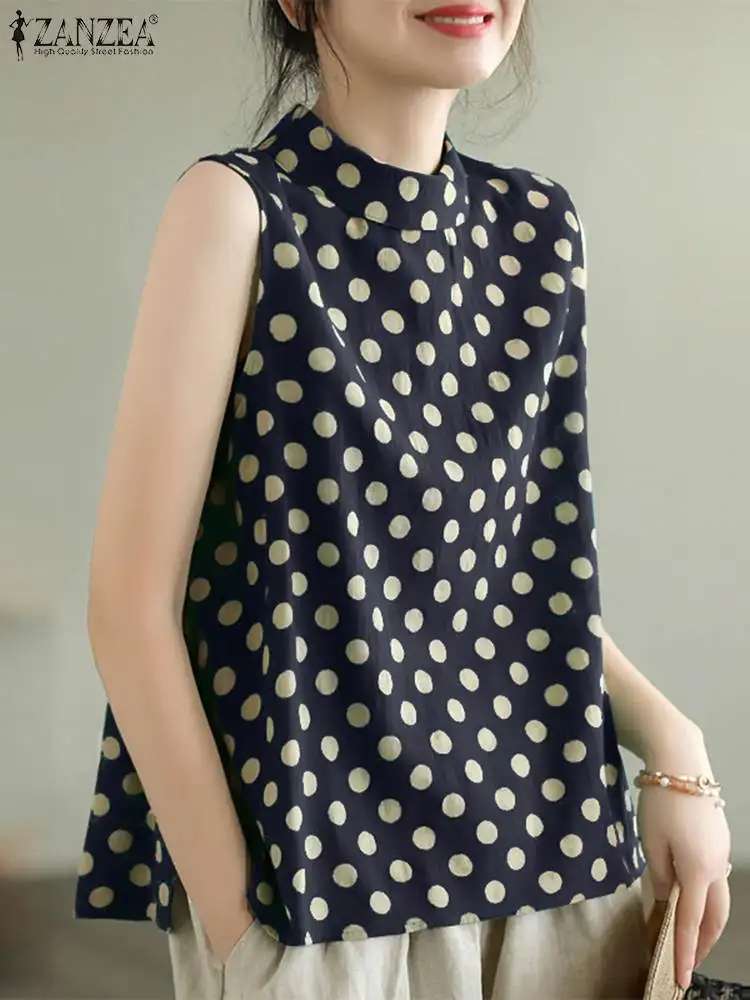 

ZANZEA Women Round Neck Shirt Casual Loose Dots Tank Tops 2024 Summer Sleeveless Camis Blouse Korean Fashion Round Neck Tunics