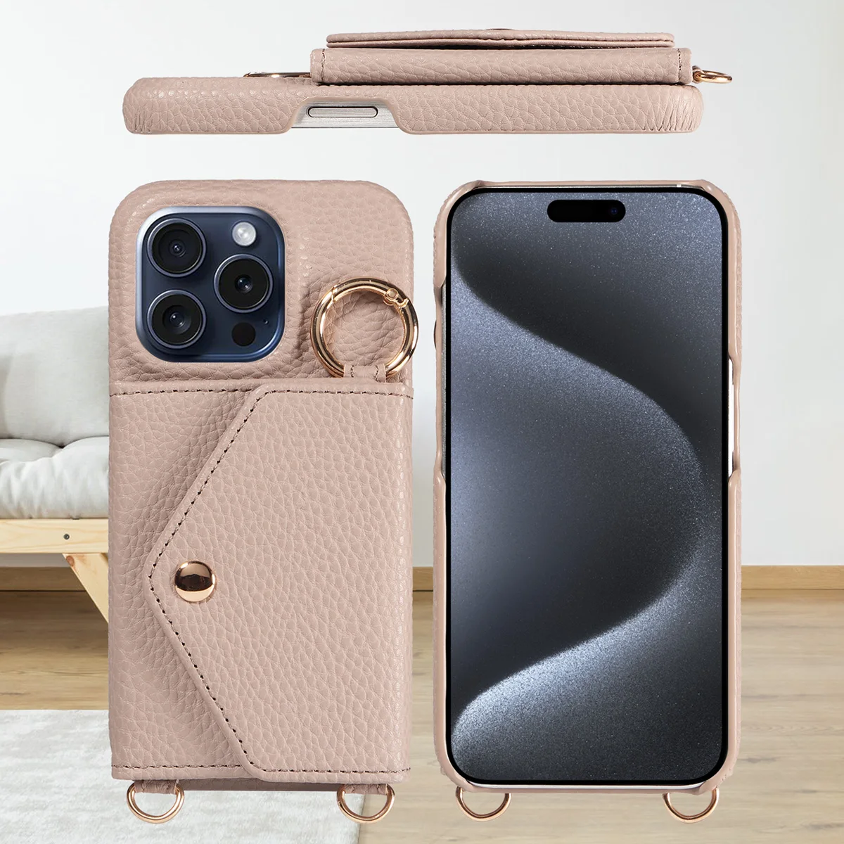 Elegant Leather Phone Case with Anti-Drop Protection, Long Lanyard, and Built-In Mirror