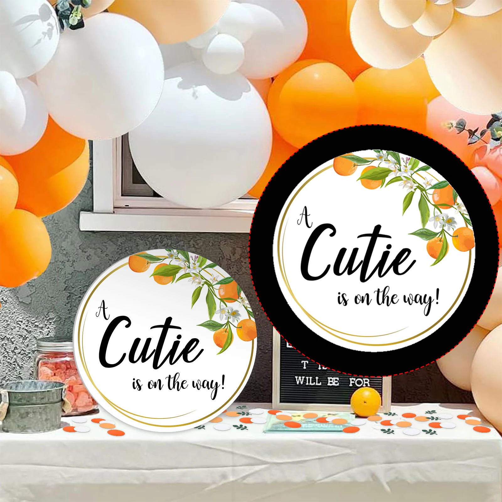 A little Cutie is on the way Baby Shower Welcome Sign Foam Board Round Orange Welcome Sign Personalized Birthday Party Direction