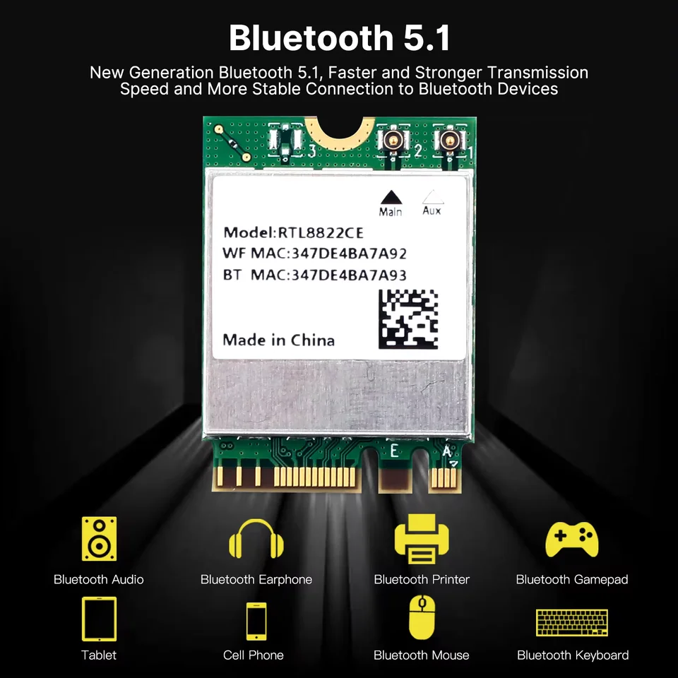 Carte WiFi M.2 NGFF Double Bande 2.4/5 GHz + Bluetooth 5.0 - Chipset RTL8822CE - Compatible Windows 10/Linux/Android