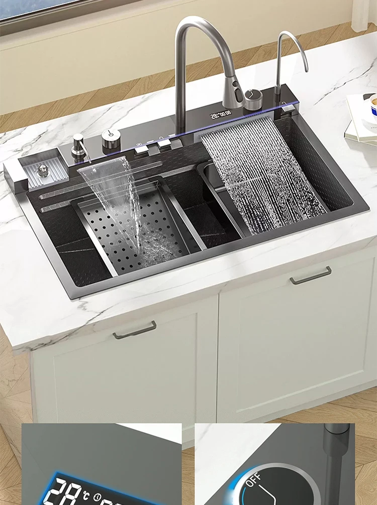 Double Waterfall Sink Stainless Steel Kitchen Sink Embossed Large Single Slot Ambient light digital display Wash Basin