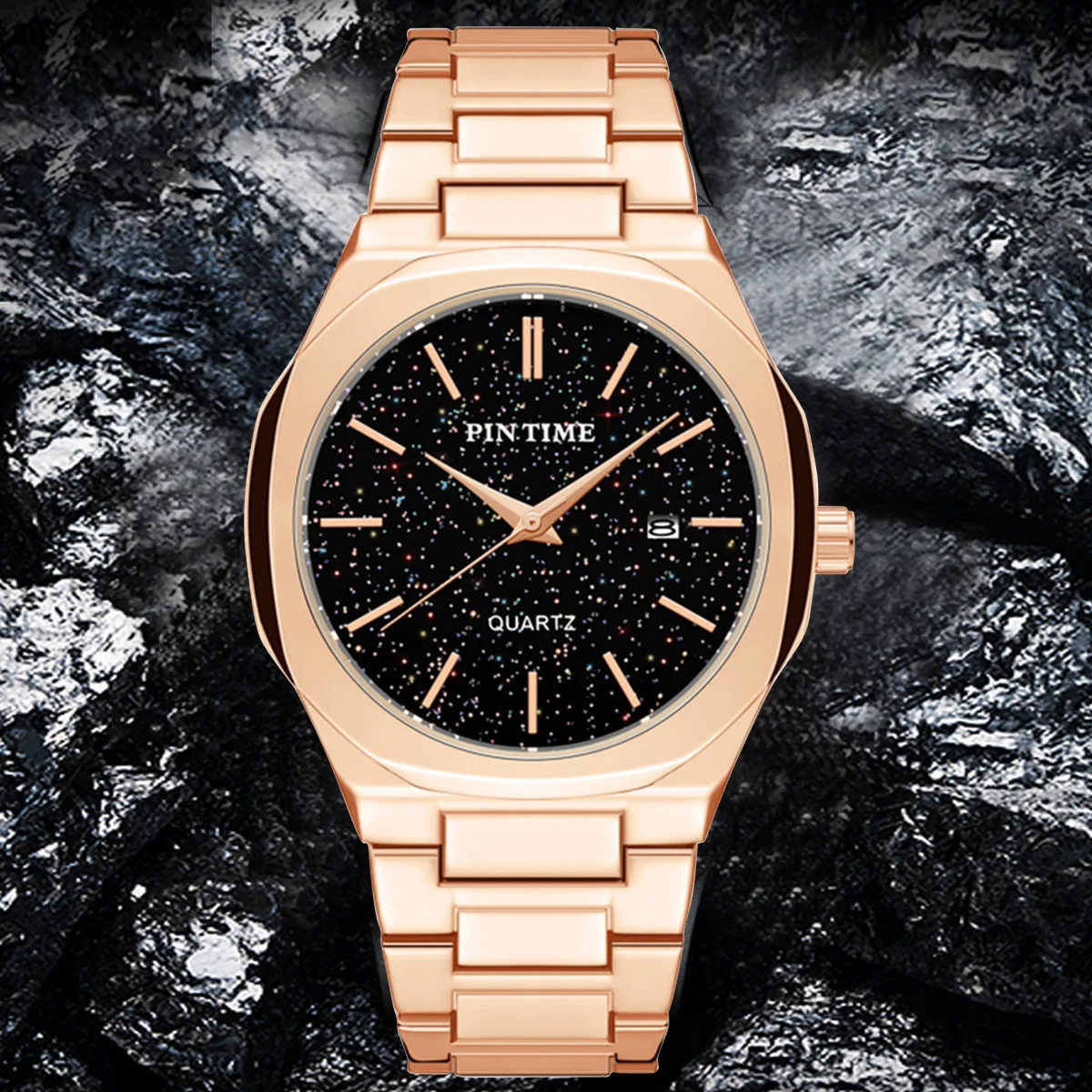 PINTIME Man Watch Stainless Steel Strap Casuals Fashion Quartz Wristwatch Waterproof 30m Starry Sky Dial Calendar Reloj Hombre