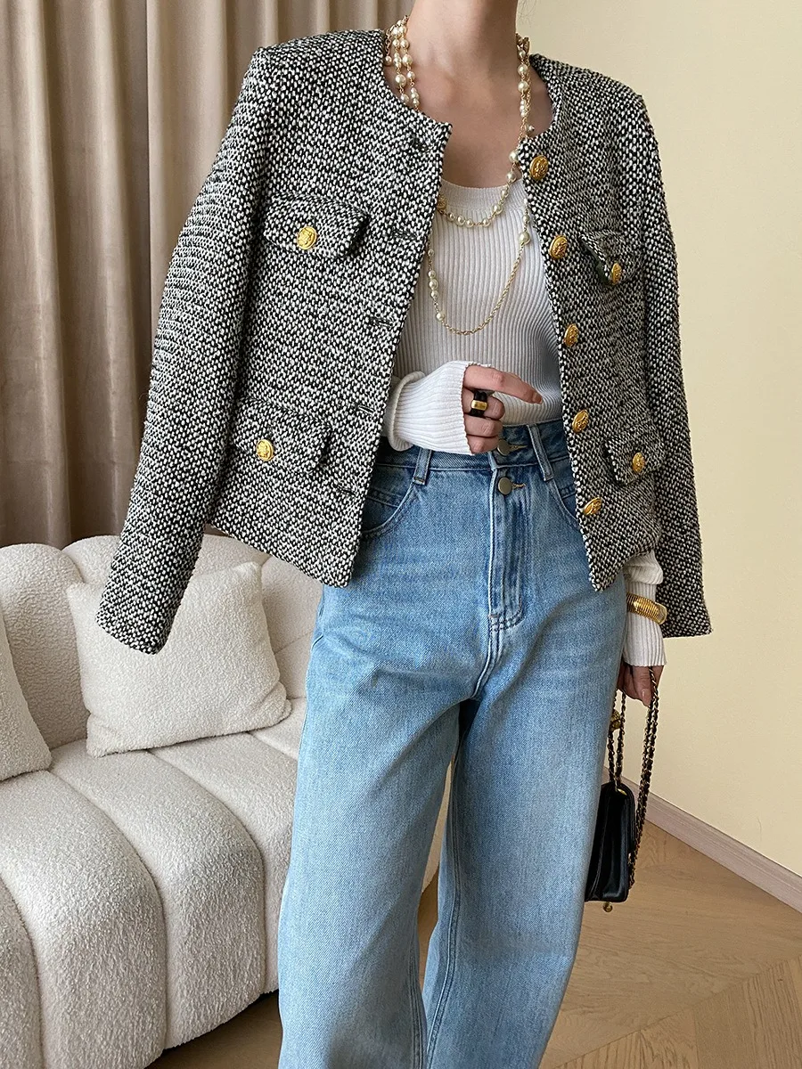  YIZHIWANG Elegant Striped Tweed Jacket Women Spring Fall Loose  Long Sleeve Wool Blend Short Coat Slim Vintage Chic Outerwear black XS :  Clothing, Shoes & Jewelry