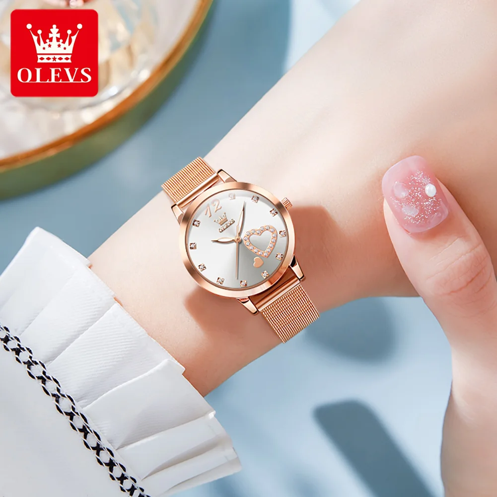 OLEVS Luxury Quartz Watch for Women Heart Dial Luminous Waterproof Fashion Milanese Steel Strap Diamond Face Women's Wristwatch