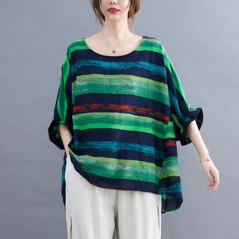 Ladies Women's Summer Fashion Contrast Color Striped Printed Bat Shirt Tops Loose Casual Blouse O-neck Cotton Linen T-shirt | Женская