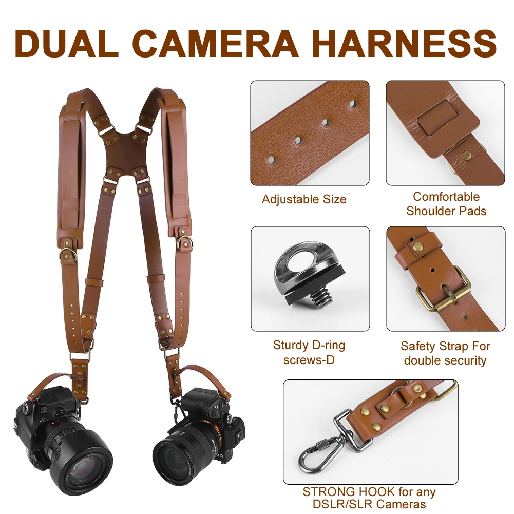 듀얼 카메라 스트랩, 더블 카메라 하네스, 조절 가능한 가죽 카메라 스트랩, DSLR/SLR 카메라용 범용 카메라 숄더 스트랩