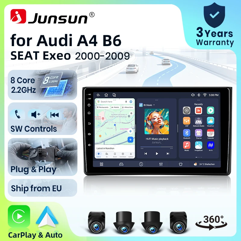 Radio para Auto Junsun de 8 Núcleos con 4G WiFi para Audi A4 B6 2000 2001 2002 2003 - 2009, Pantalla IPS, CarPlay, Android Auto, GPS, Navegador, Estéreo, SWC, BT, FM, AM, RDS, DSP, 2Din, Mirror Link, Reproductor Multimedia, Chat de Voz con IA, Cámara 360 Opcional, Actualización OTA, Unidad Principal 1