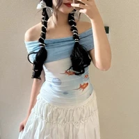 Kimotimo Goldfish Printing Mesh Y2k T-shirt Women Harajuku Slash Neck Slim Fit Crop Top Summer Short Sleeve Street Gothic Tees - Image 3